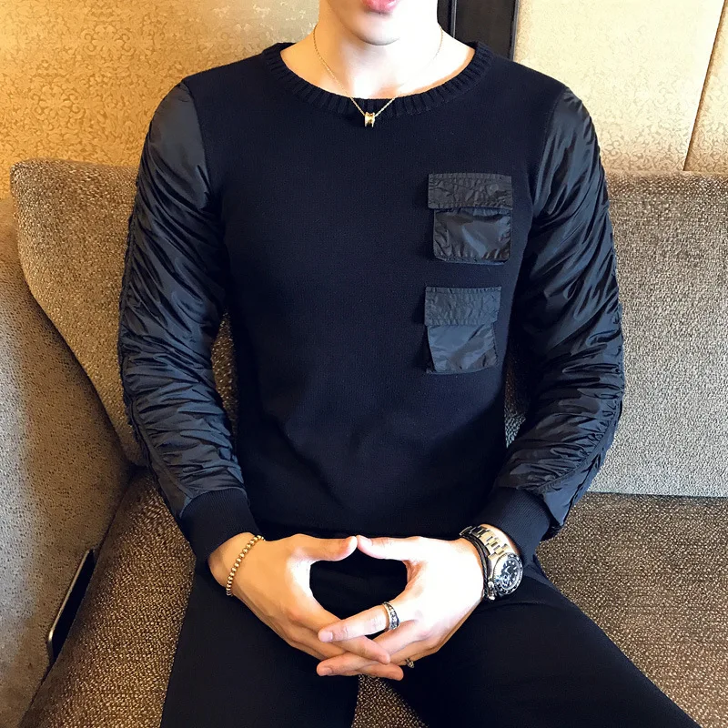 outfit long sleeve Slim stitching section t Sweater Men's thin sweater