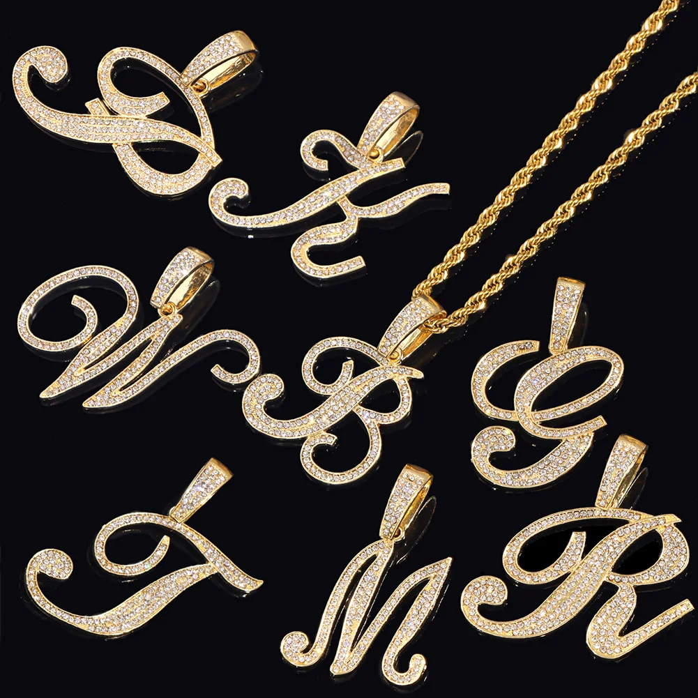 

Men Women Bling Crystal Cursive Letters Pendant Necklaces Punk Stainless Steel Twist Rope Chain Alphabet Necklace Hiphop Jewelry