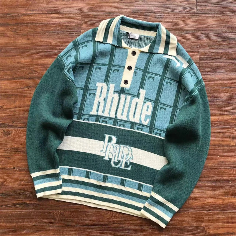 

Green Rhude Letter Jacquard Sweater Men Women Standing Collar Green Sweatshirts