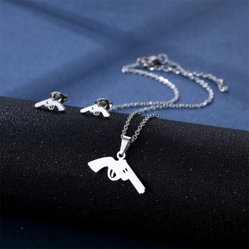 

Stainless Steel Silver Color Gun Pendant Chain Necklace Stud Earring for Women Party Birthday Fashion Jewelry Set Gift