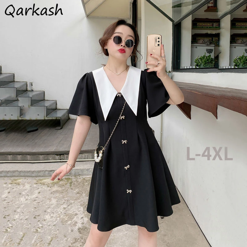 

Short Sleeve Dress Women Button Midi A-line Prepp L-4XL Ladies Fashion Harajuku Popular Streetwear Retro Design Ins All-match