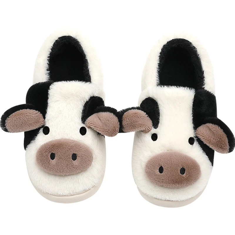 

Animal Slipper Fuzzy Plush Cow Plush Shoes Home Indoor Cotton Shoes Black White