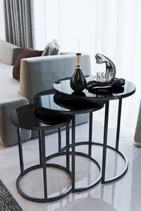 3 pcs Modern Black Glass Black Leg Nesting Table Black tv stand , Living room table
