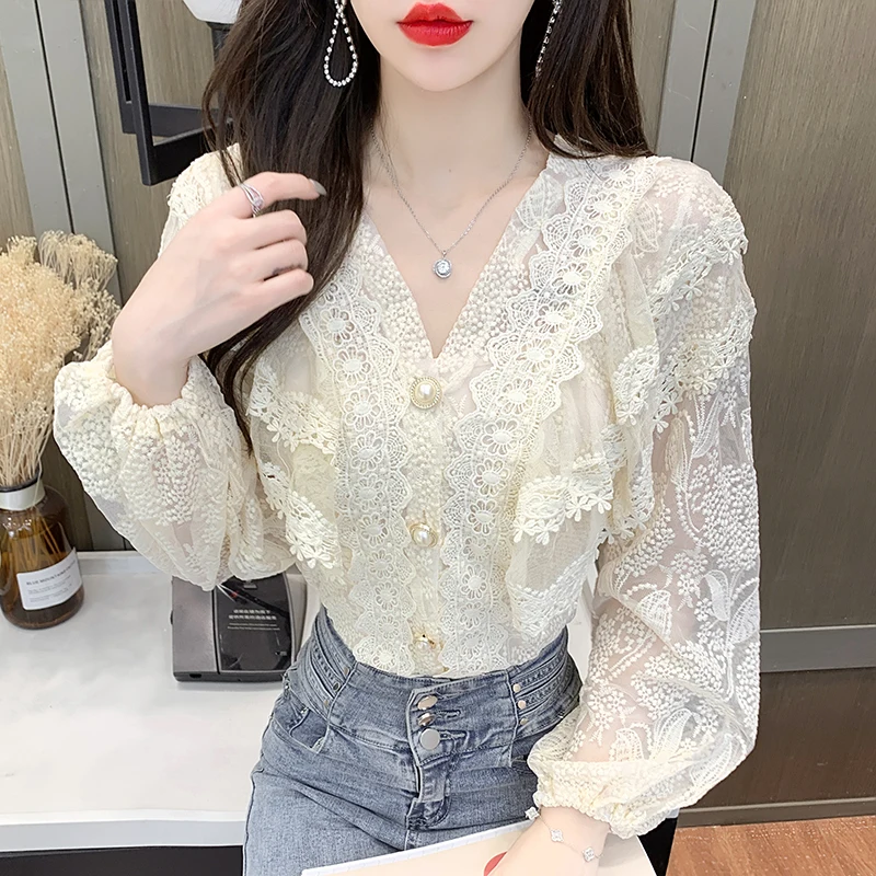 

Lace Women's Blouse V-neck Girl's Shirt Spring Casual Fashion Solid Long Sleeve Top Summer Korean Style Female Clothing