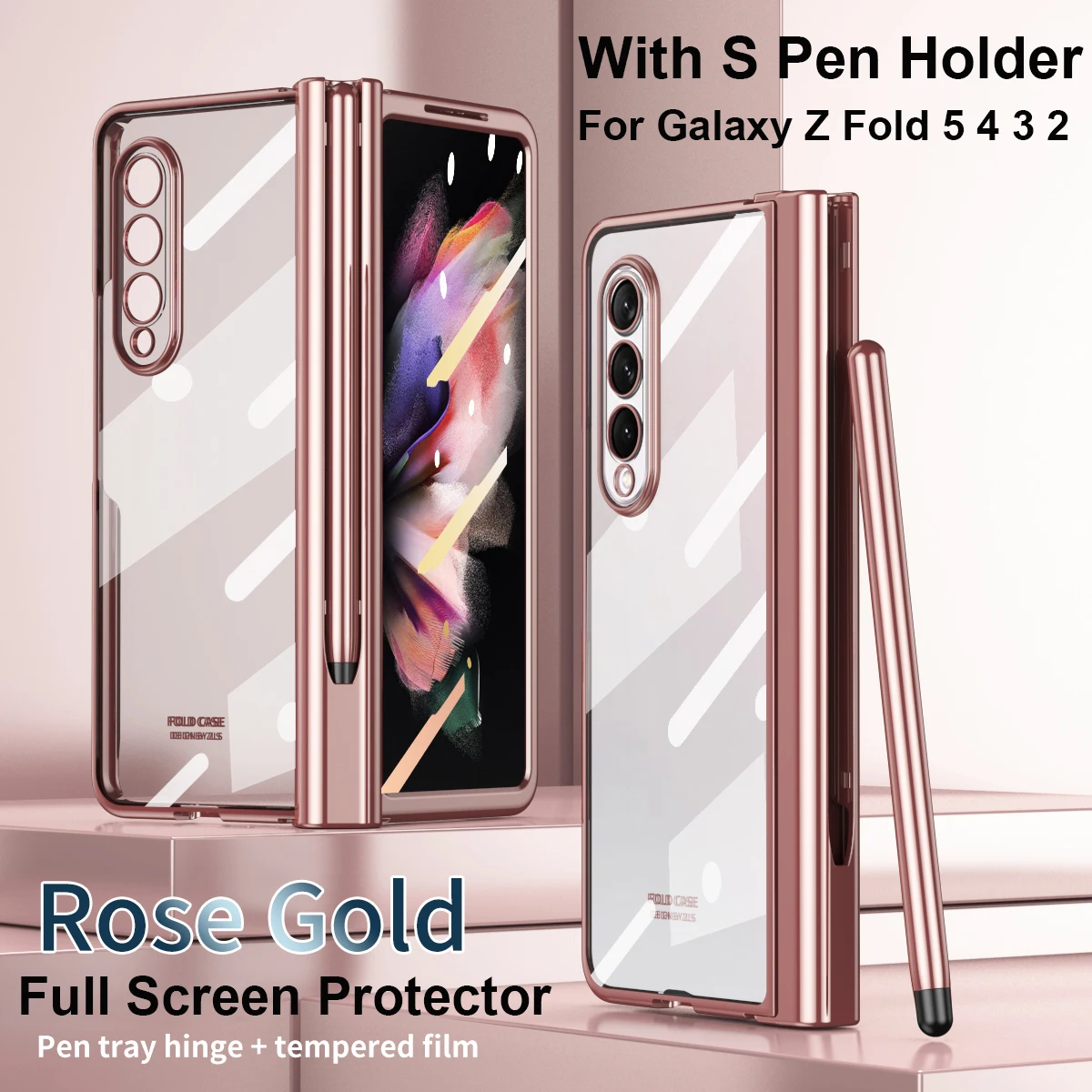 

With S Pen Holder For Samsung Galaxy Z Fold 5 4 3 2 Case Hinge Clear Plating Shockproof Transparent Full Screen Protector Cover