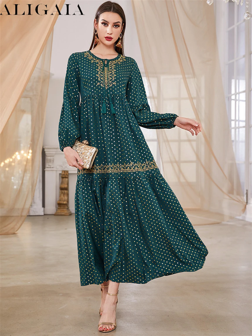 

Aligaia Summer Long Polka Dot Folds Vacation Clothes For Women Casual Dresses Green Ethnic Embroidery New 2022