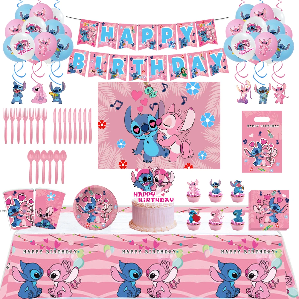 

Cartoon Pink Lilo & Stitch Themed Party Decoration Supplies Disposable Cutlery Balloon Sling Cup Plate Baby Shower Kid Girl Toy
