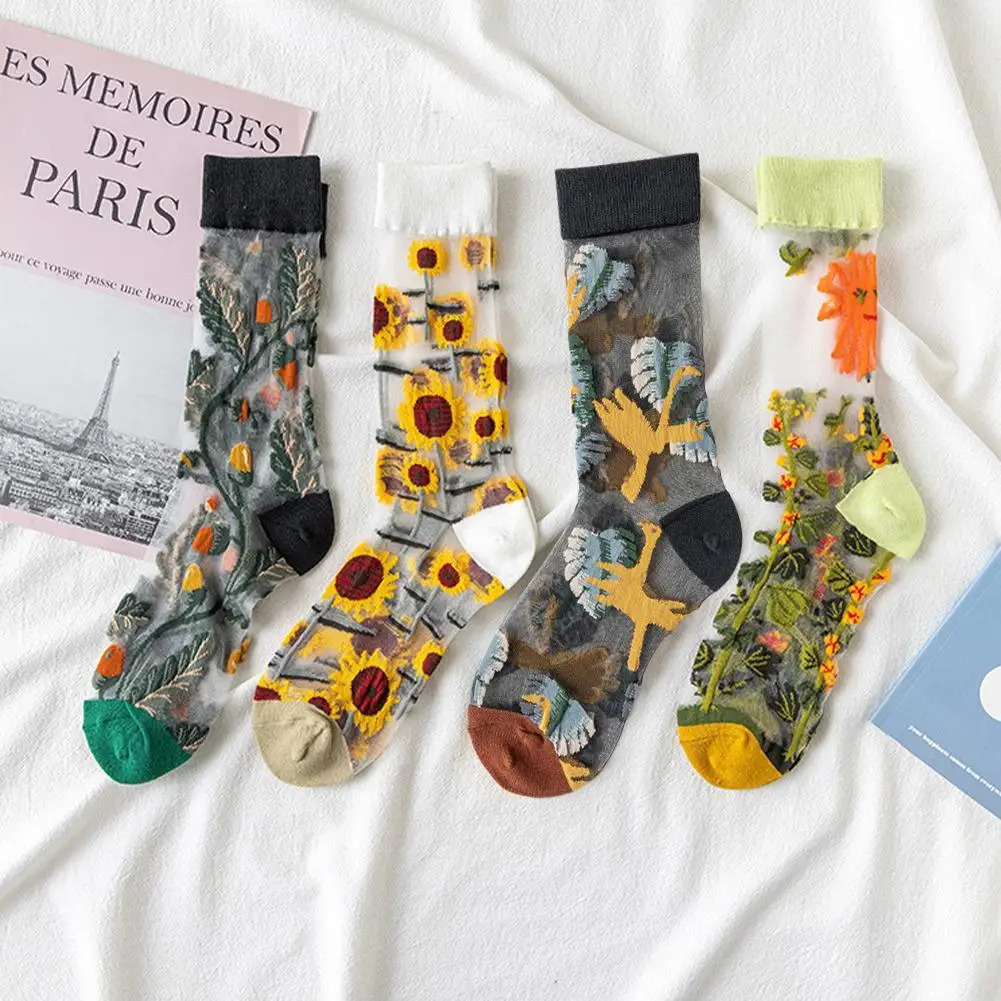 

New Fashion Harajuku High Quality Creative Crystal Silk Tide Socks Sunflowers Vines Flowers Animal Fruit Glass Silk Women Sock