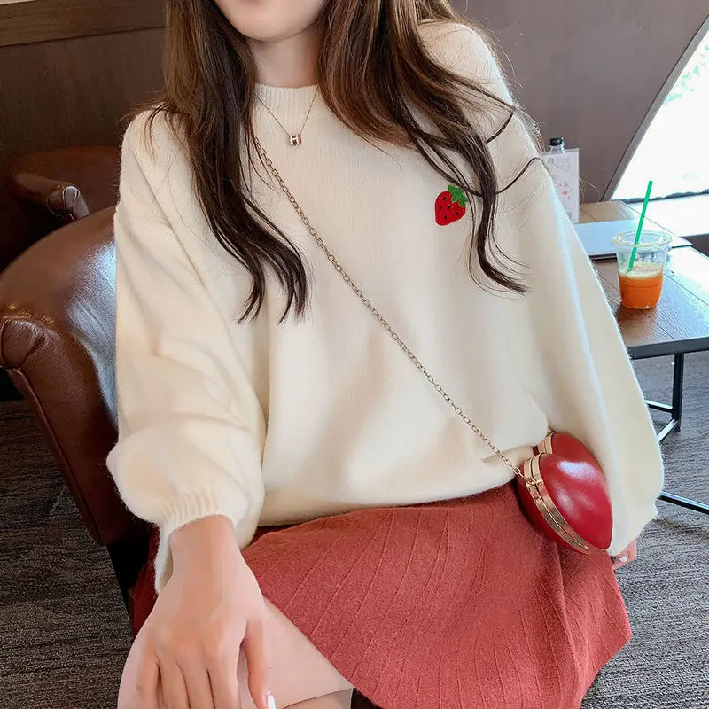 

Fruit Embroidery Sweater Women Candy Color Pullover Female Round Neck Loose Casual Cute Knitted Autumn Winter Sweaters New Woman