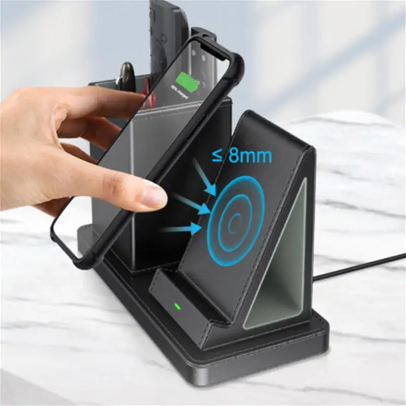 

10W Fast Wireless Charging Stand Storage Box Wireless Charger With Desk Organizer, PU Leather Pen Holder For IPhone Samsung