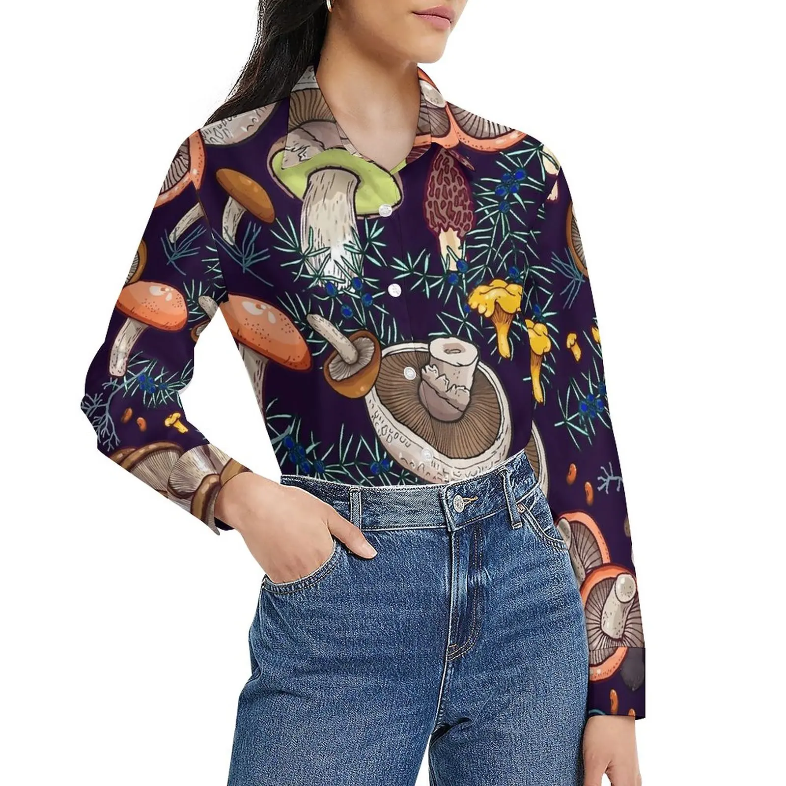 

Dark Dream Forest Blouse Mushroom Print Office Work Graphic Blouses Women Long Sleeve Casual Shirt Summer Oversize Top