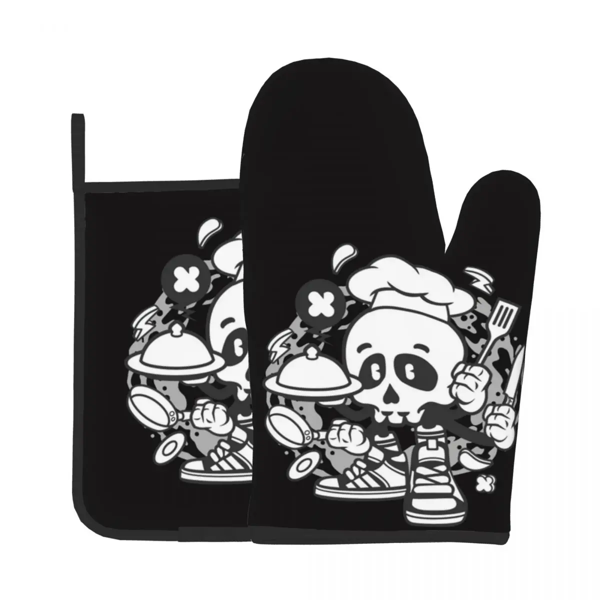

Cartoon Design Chef Skull Oven Mitts Potholder Pad Baking Oven Kitchen Cooking Gloves Stove Microwave Insulation Mat Polyester