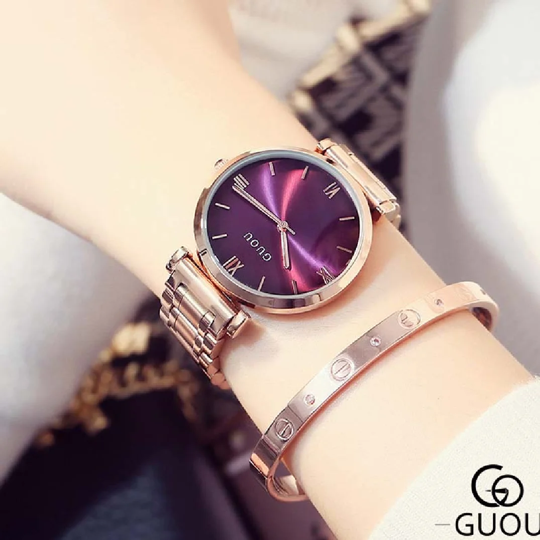 2019 Fashion Guou Brand Woman Quartz Watches Full Rose Gold Steel Band Business Casual Japan Lady Clock Wristwatches Simple Gift