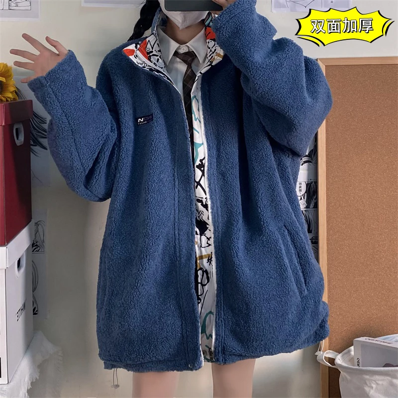 Anime Print Reversible Fleece Jacket for Couples Winter Korean Fashion Trends Clothing Teenage Plus Size Padded Coats Streetwear