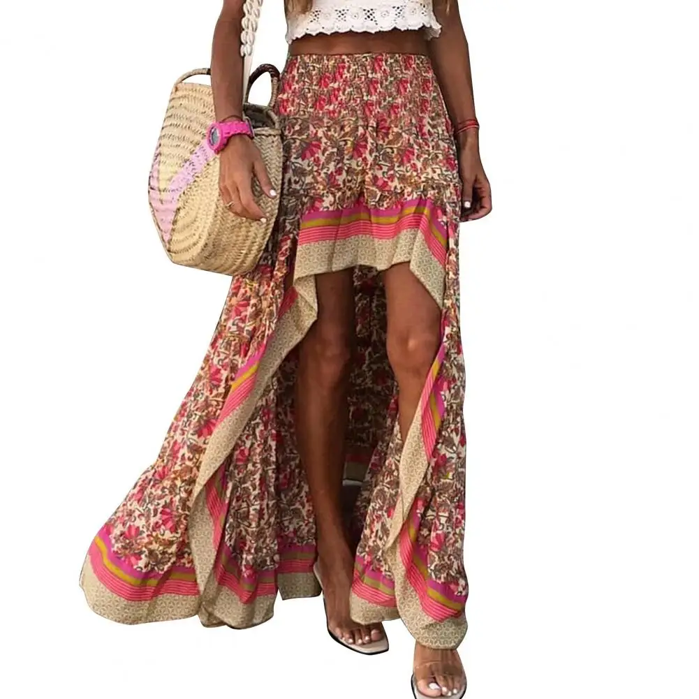 

Женская длинная юбка с завышенной талией, асимметричная юбка с цветочным принтом, богемная пляжная юбка для отпуска с эластичным поясом спереди и сзади, 2023