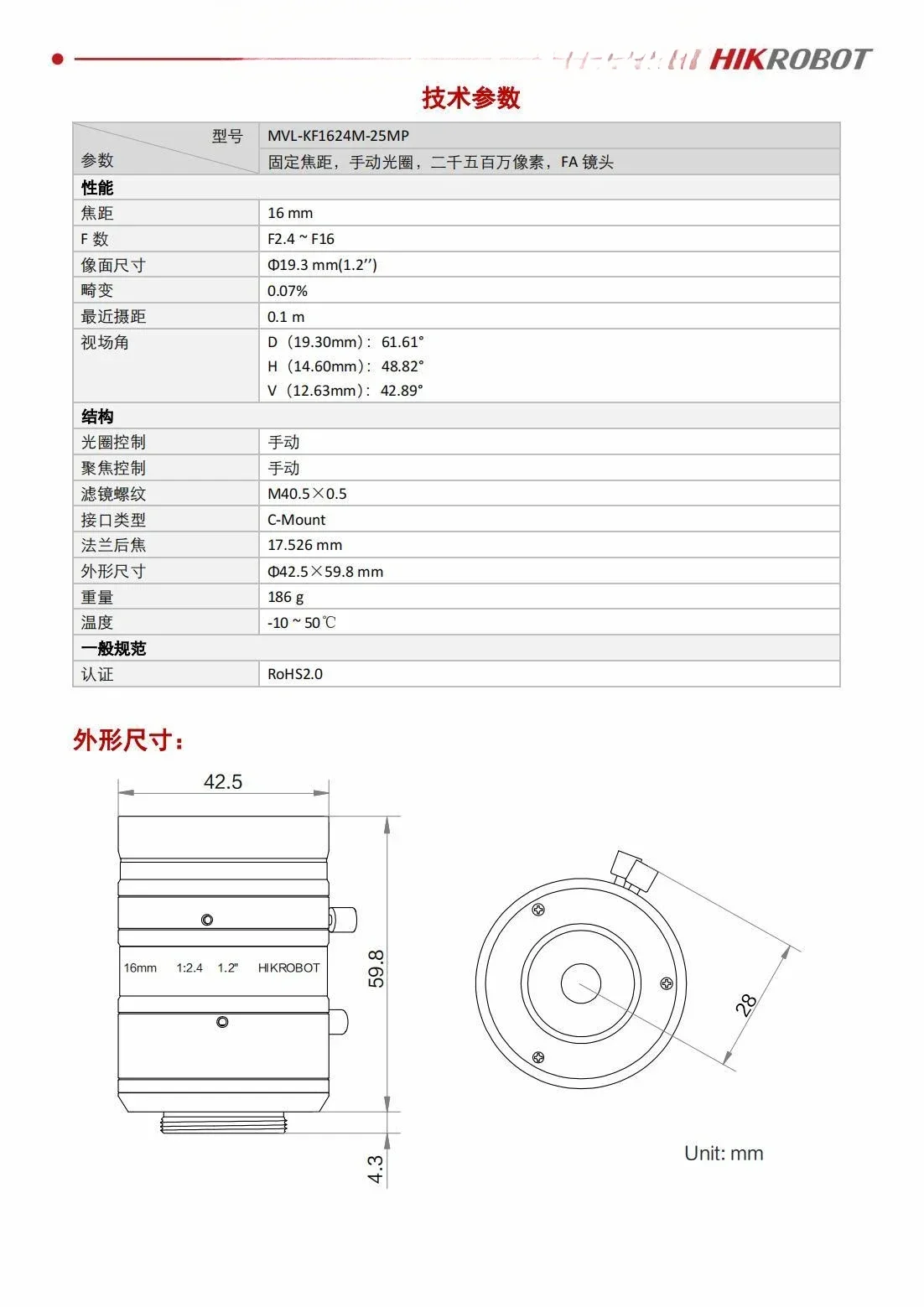 Фотообъектив с фиксированным фокусным расстоянием 16 мм 1 2 дюйма 25 миллионов