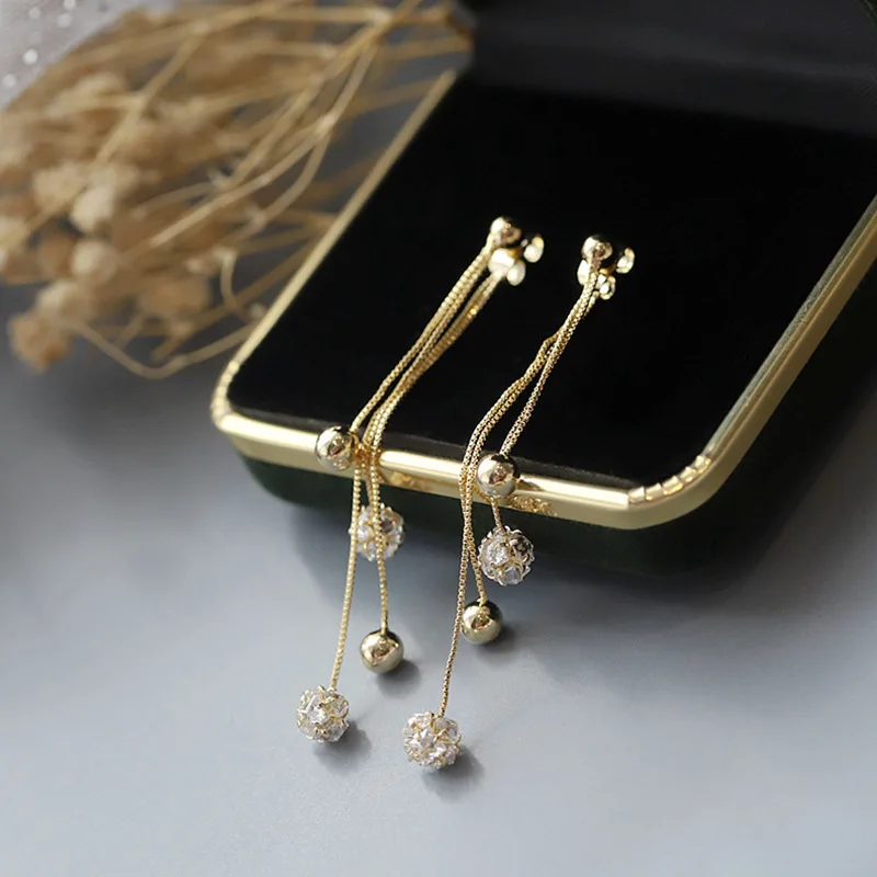 

VSnow Ins Style Round Beads Rhinestones Long Tassel Drop Earring for Women Fantasy Gold Color Metallic Wedding Earring Jewelry
