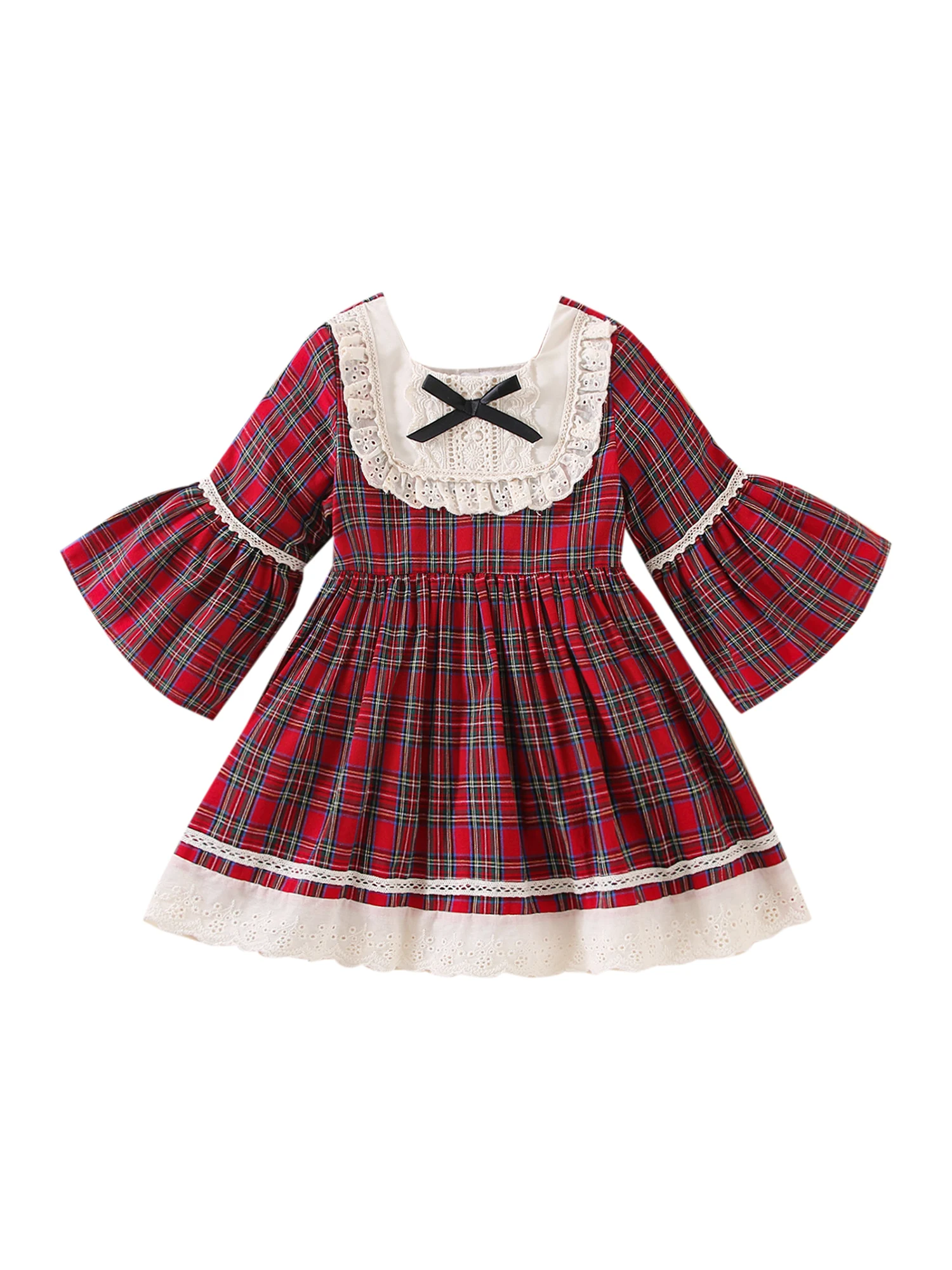 

Baby Girl Christmas Dress Toddler Kids Long Sleeve Lace Patchwork Bow Aline Plaid Princess Dress Xmas Gift Outfit