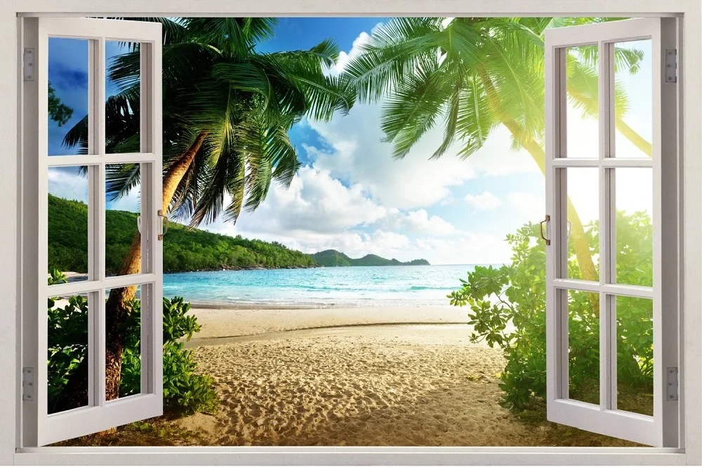 

Free shipping 3D Window Stickers Seaside Palm Wall Decal Art Removable Wallpaper Mural Sticker Vinyl Home Decor