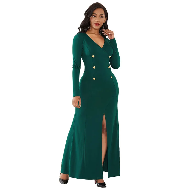 

2021 вечернее платье вечерние платья для женщин осень Разделение сексуальное платье с длинными рукавами обтягивающее на пуговицах сплошного...