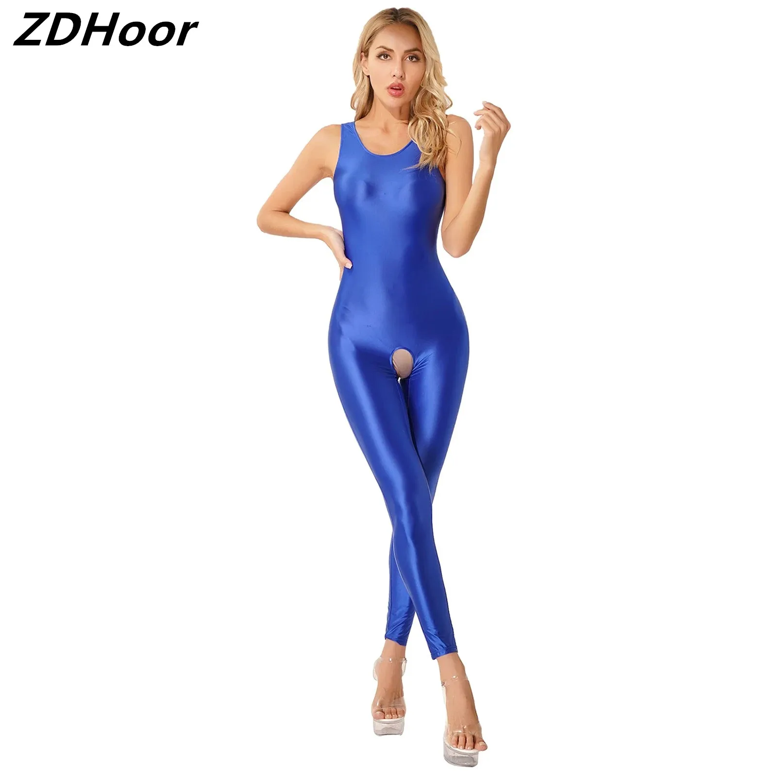 

Womens Sexy Glossy Tights Open Crotch Jumpsuits Solid Color Stretchy Close-fitting Sleeveless Bodysuit Bodystocking Nightwear