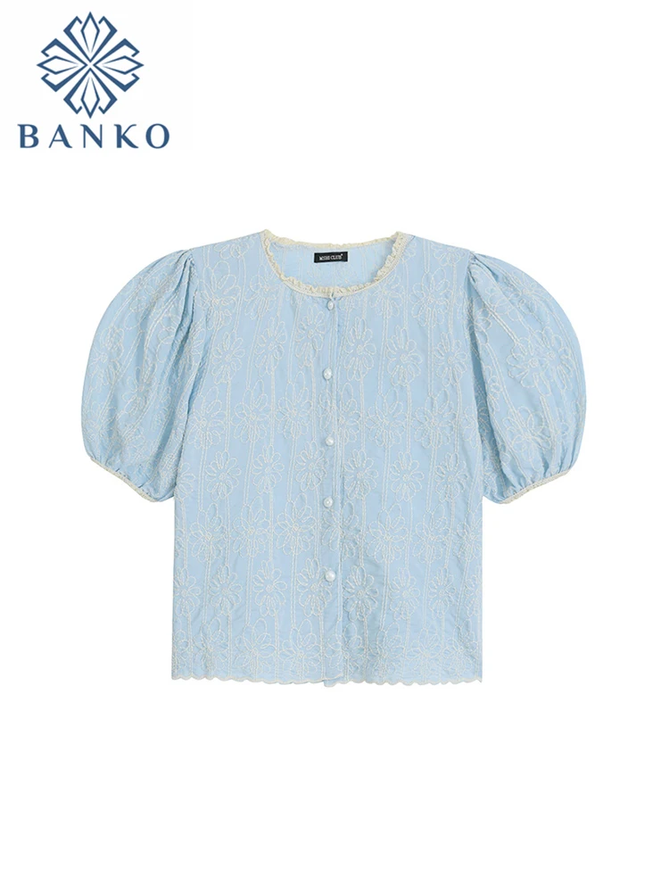 

Summer New Design Pink Floral Embroidery Bubble Sleeve Casual Shirts French Women O-Neck Y2KStreetwear Sweet Stretch Short Top