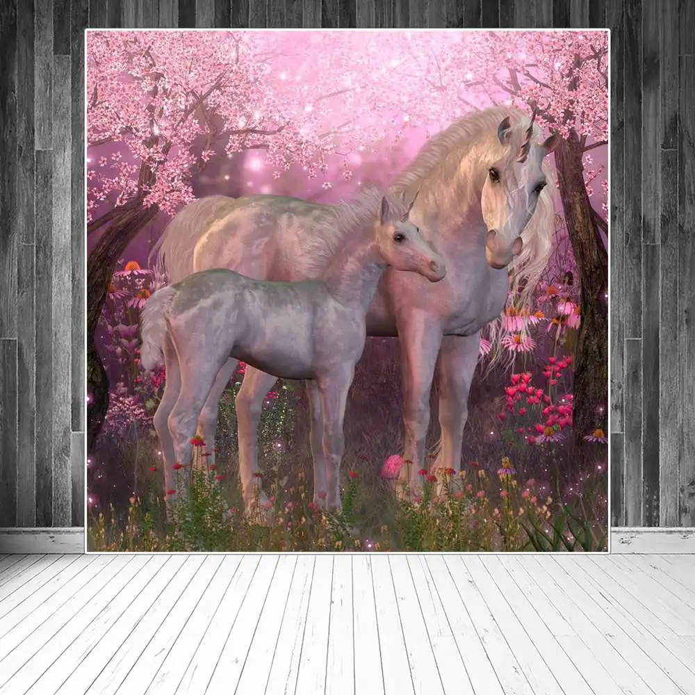 

Peach Blossom Unicorn Photography Backdrops Birthday Decoration Fairy Forest Pink Flowers Children Home Studio Photo Backgrounds