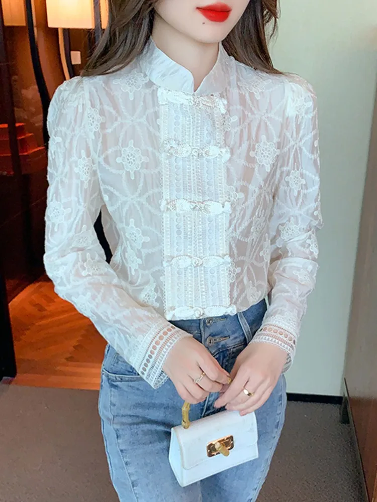 Рубашка женская с длинным рукавом винтажный элегантный топ в китайском стиле