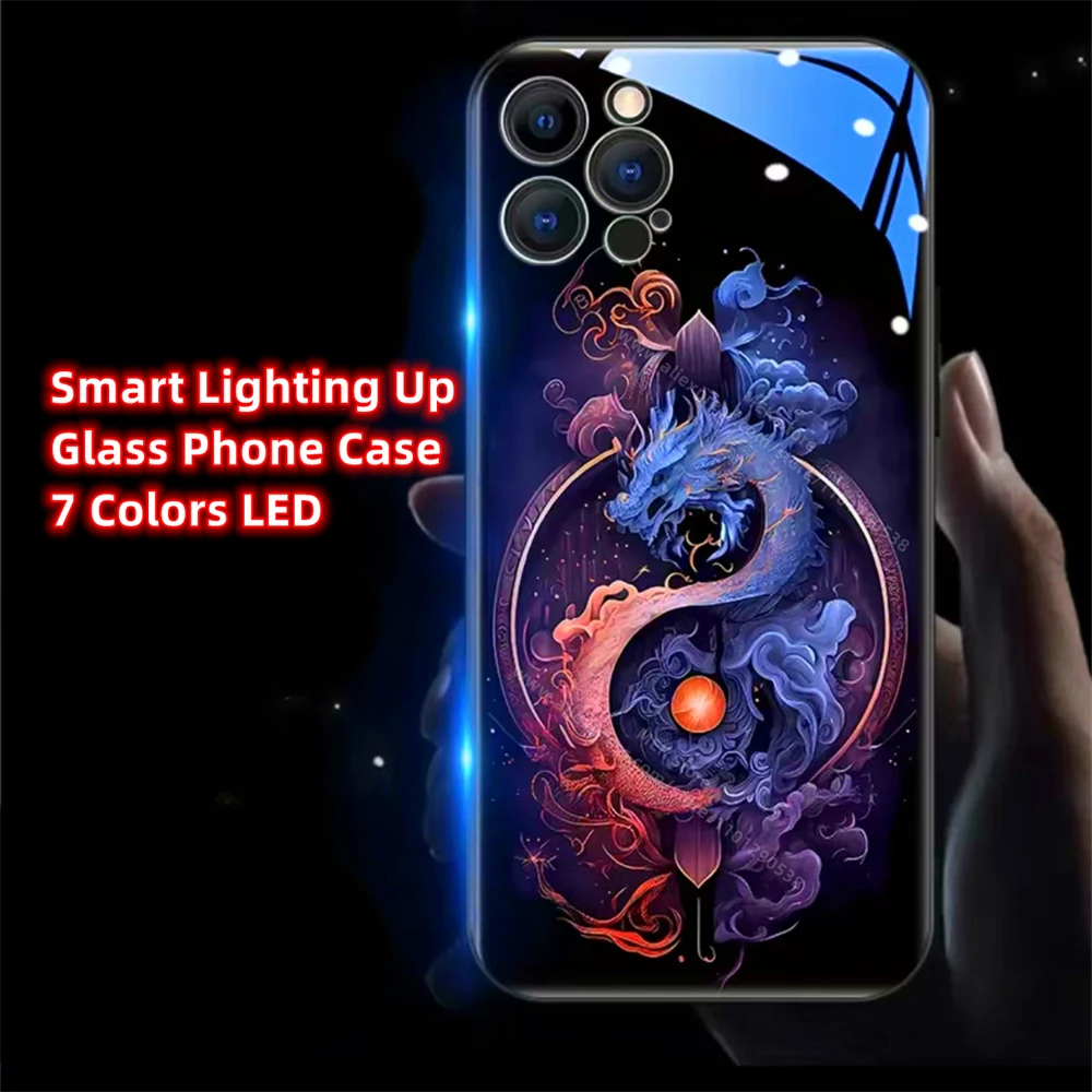 Чехол для телефона Dragon Totem Design Smart LED Light Glow из закаленного стекла iPhone 16 15 14 13 12 11 Pro Max