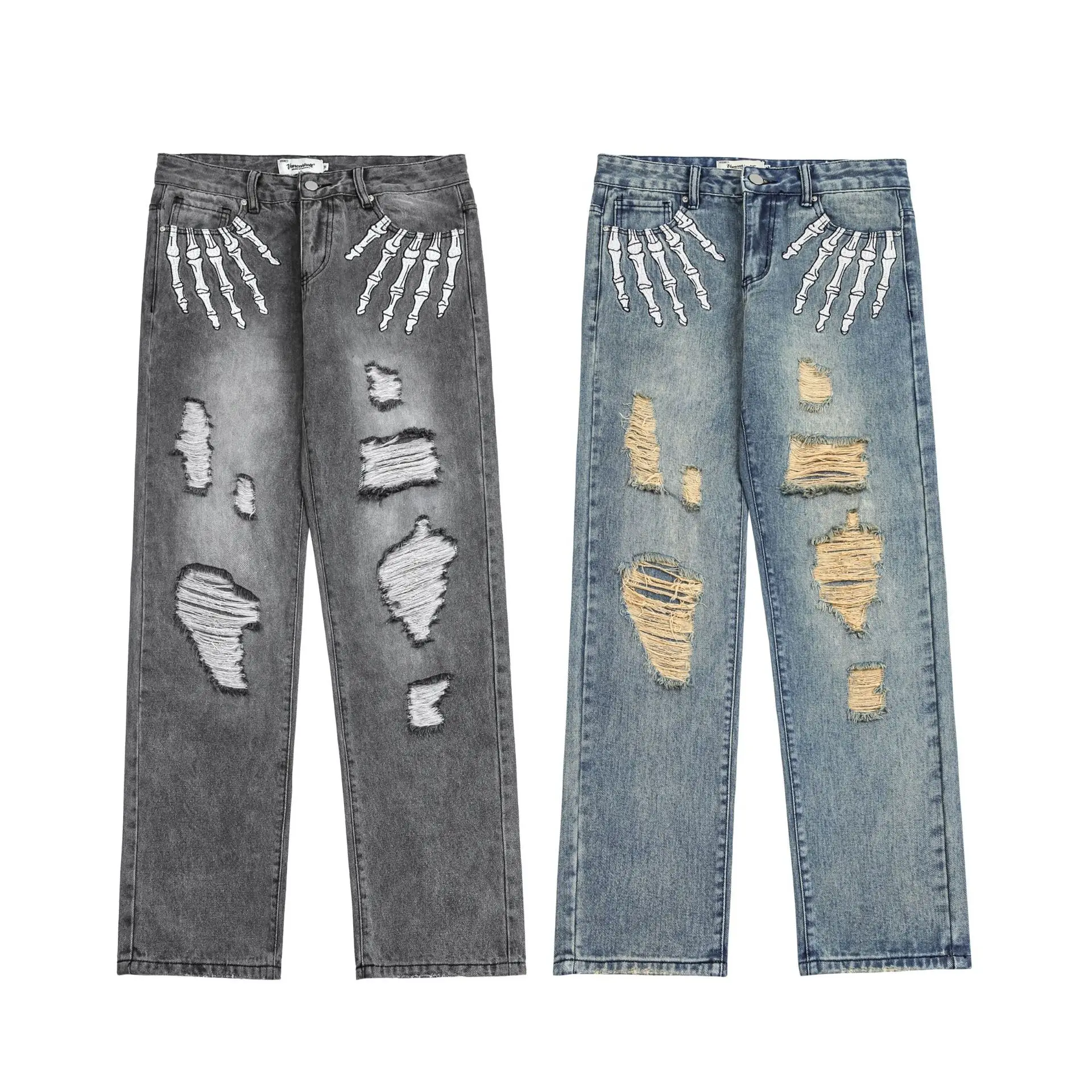 

Джинсы мужские и женские с ручной вышивкой, винтажные рваные джинсы в стиле ретро, свободные прямые мешковатые джинсы в стиле хип-хоп, Y2K