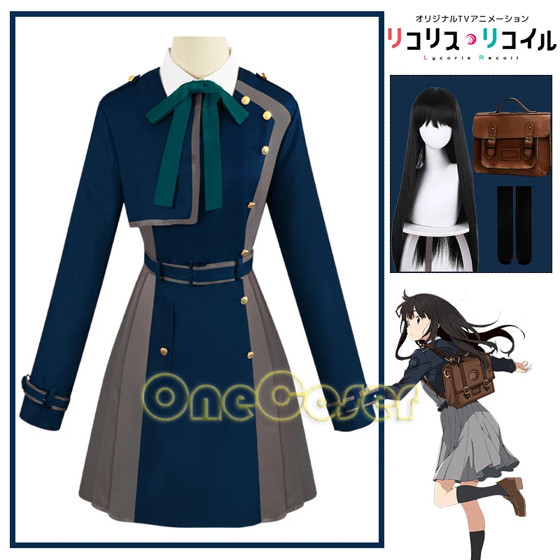 

Lycoris Recoil Takina Inoue Cosplay Costume Anime Blue Dress Black Wig Backpack Bow Shirt Stockings Halloween Girl Women Uniform