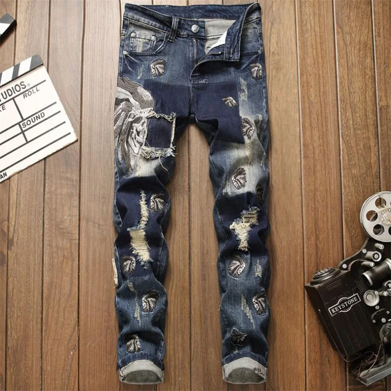 Original design jeans men's denim pants trousers autumn winter new European and American fashion blue elastic hole embroidery