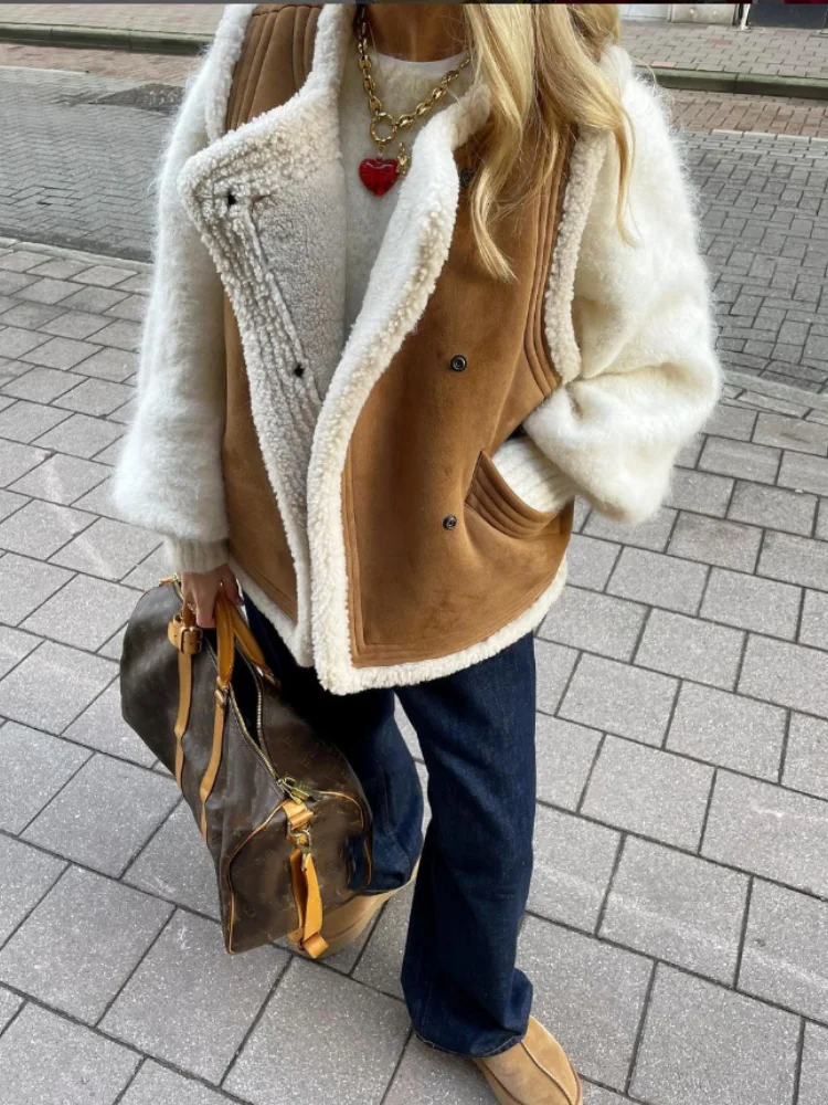 

Женская модная теплая меховая куртка в стиле пэчворк, однотонное пальто без рукавов с отложным воротником, осенняя Женская Повседневная безрукавка, жилеты, 2023