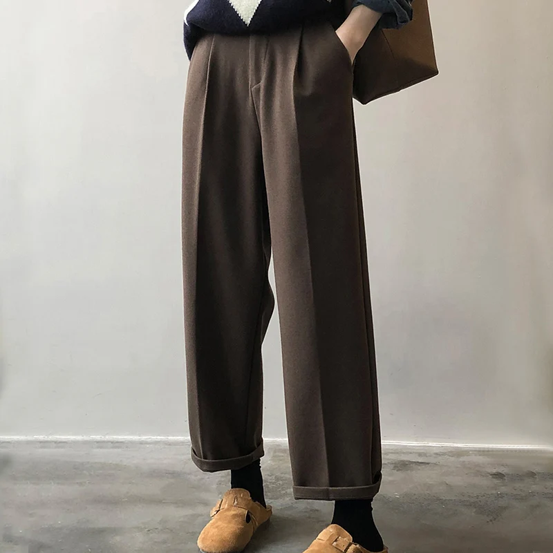 

2022 Winter Women's Pants Woolen Cropped Loose Straight Tube Korean Elastic High Waist 9677