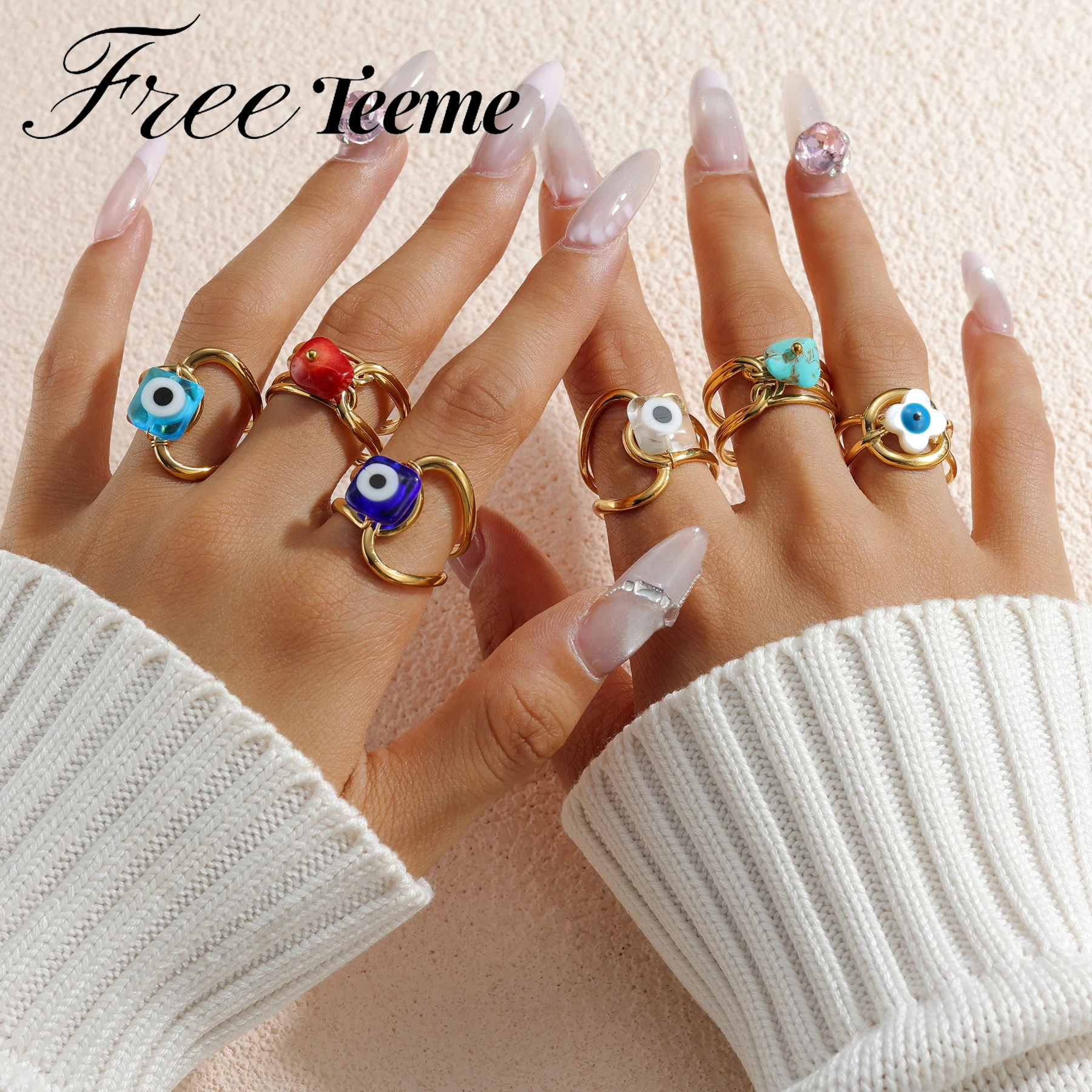Фото Freeteeme Новое красочное кольцо на палец с камнем для женщин, 18-каратное позолоченное уникальное открытое регулируемое кольцо для глаз, простые линейные ювелирные изделия, подарки №1