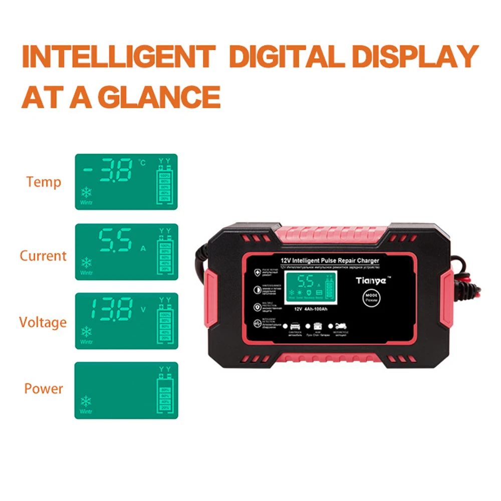 Интеллектуальное зарядное устройство для автомобильных и мотоциклетных аккумуляторных батарей 12V 6A для автомобильных свинцово-кислотных, AGM, гель-аккумуляторов VRLA с умной зарядкой, цифровым ЖК-дисплеем и аксессуарами.