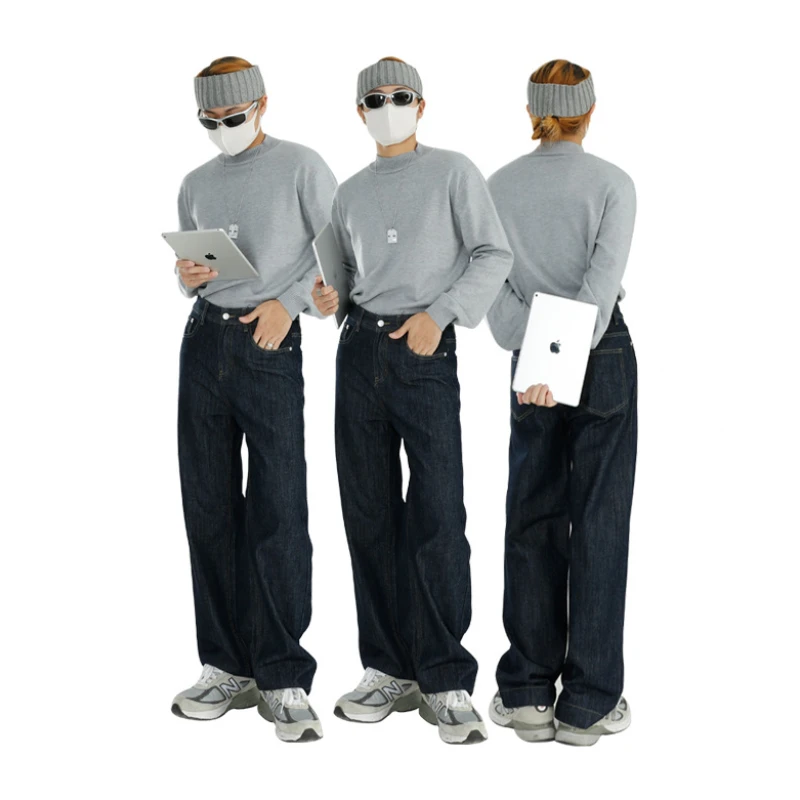 Autumn New Korean Style Versatile Loose Vertical Straight Jeans Male Oversized Retro  Lapel Fashion Jeans for Men 2022 Man Pants