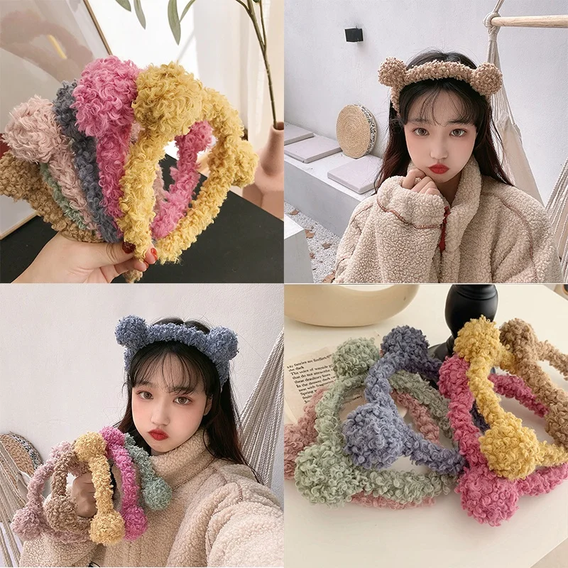 

AISHG Korean Cute Wool Lamb Hair Band Bear Ears Ins Wide-Brim Candy-Colored Headband Female Hair Accessories Headwear