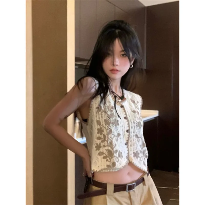 

Hikigawa шикарный модный женский винтажный трикотажный кардиган с V-образным вырезом Camisole 2023 летние ажурные без рукавов жаккардовые майки Mujer