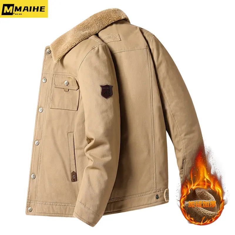 Autumn/Winter men's jacket with fleece warm thick military tactical jacket fur collar windproof parka Fashion street work jacket