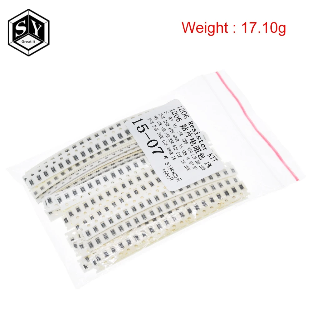 

GREAT IT 0603 0805 1206 SMD Resistor Kit Assorted Kit 1ohm-1M ohm 1% 33valuesX 20pcs=660pcs Sample Kit