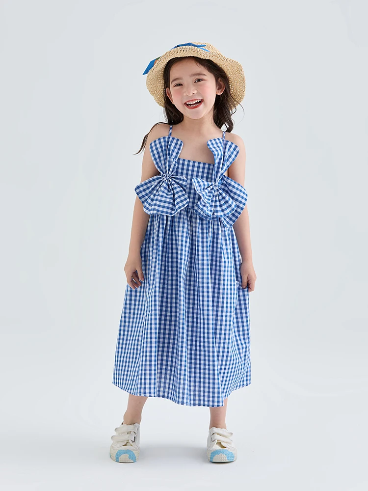 

100% Cotton Kids Girls Summer Sleeveless Dresses Blue Plaid Cute Style Child Clothes Kawaii Party Wear 100cm 140cm
