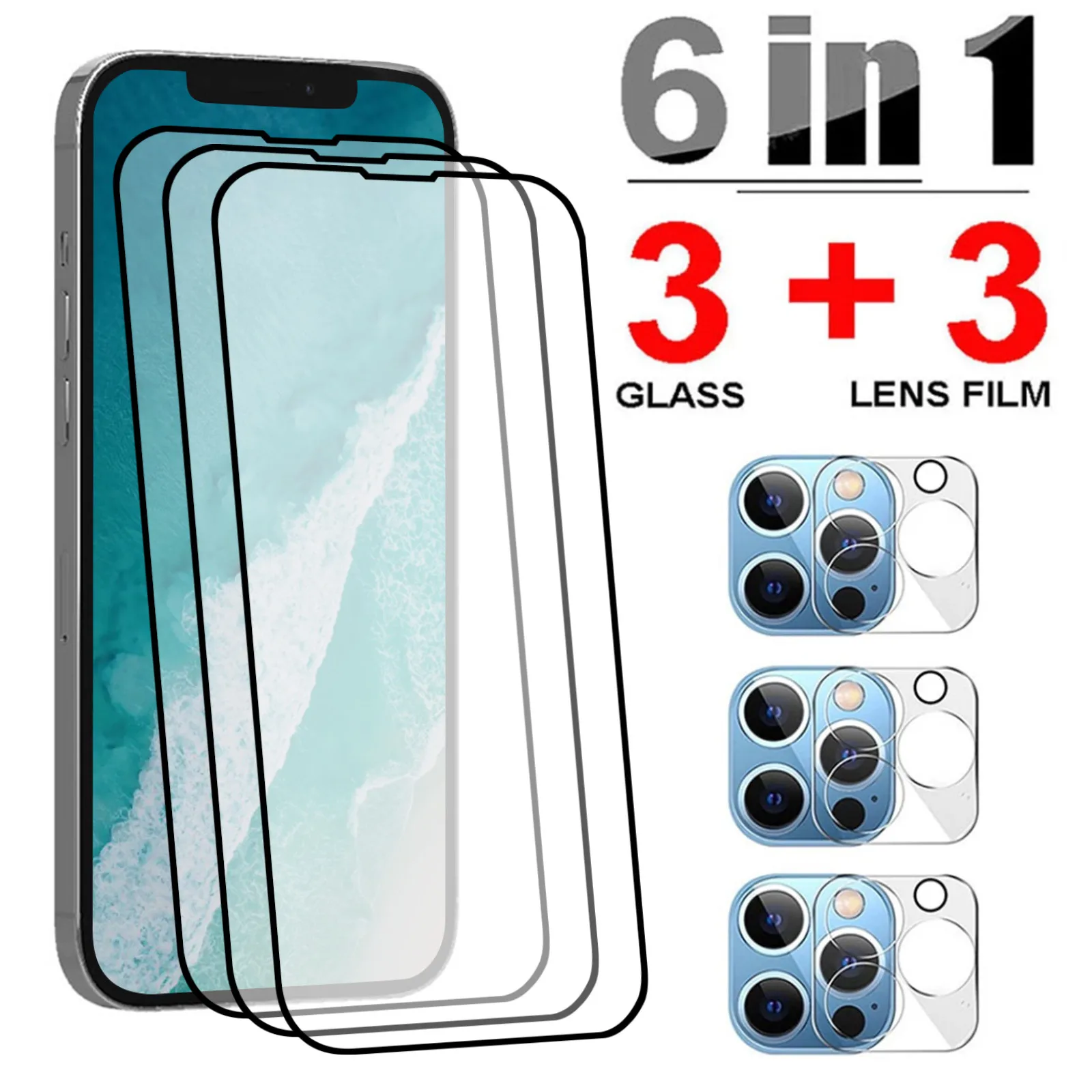 

6 In 1 Phone Tempered Glass protective film Screen Protector 3D Camera Lens Glass Full Cover Film For Iphone 13 Mini/13 Pro Max