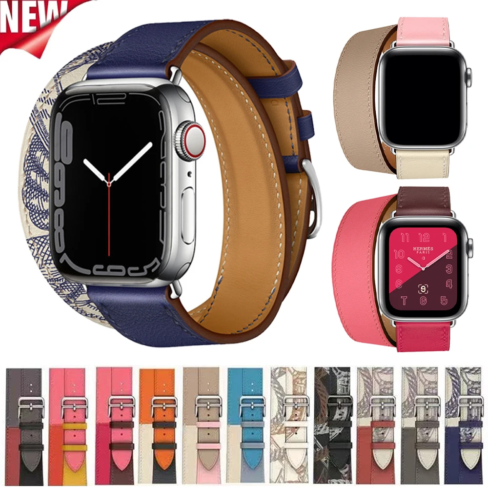 

Leather Band for Apple Watch 40 44mm Series 41 45mm 38 42mm Correa Bracelet Double Tour Printed Strap for iWatch 7 6 5 4 3 2 SE