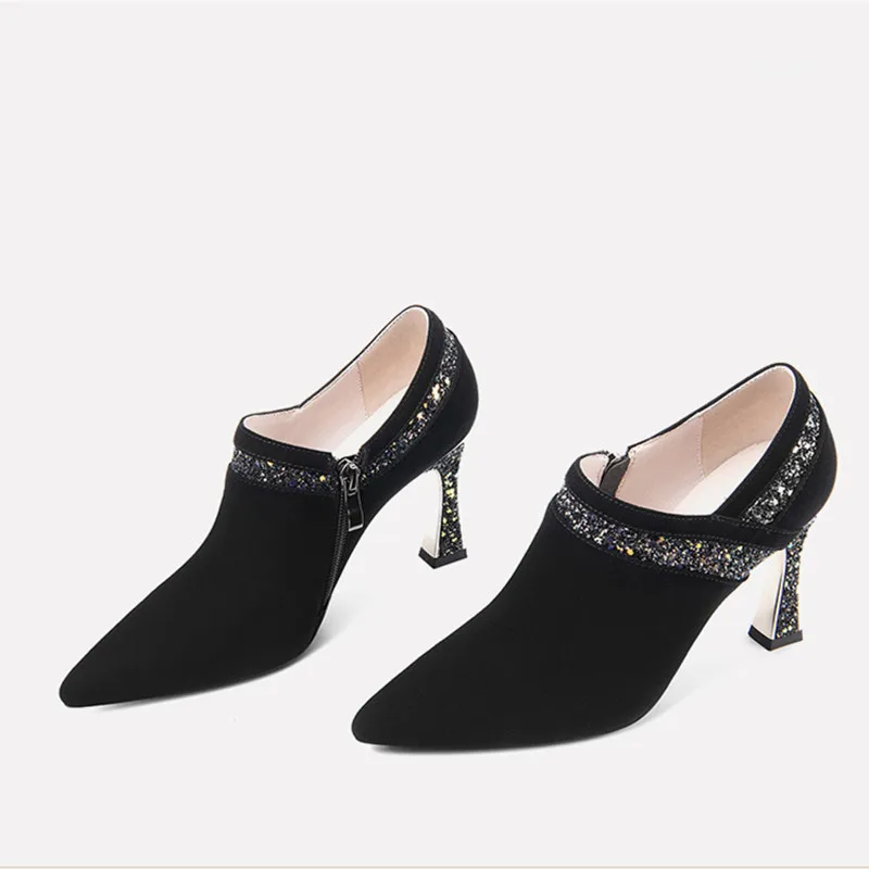 

2022 Autumn And Winter New Chunky Heel Women's Shoes Pointed Toe Rhinestone High Heels Black Work Shoe Fashion Short Boots Pumps