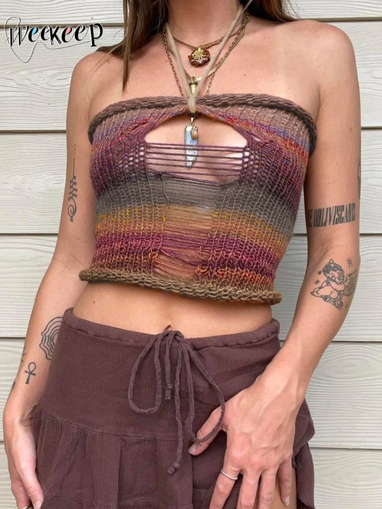 

Женский корсет без рукавов Weekeep, ажурный трикотажный топ с эффектом потертости и бретелькой через шею, Y2k, Привлекательные Клубные вечерние ...