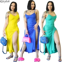 rstylish ruched summer dress solid drawstring spaghetti straps backless long maxi dresses for women 2022 sexy party outfits