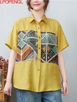 summer t shirt womens 2022 new oversized vintage loose shirt top lapel single breasted stitching printed short sleeved shirt