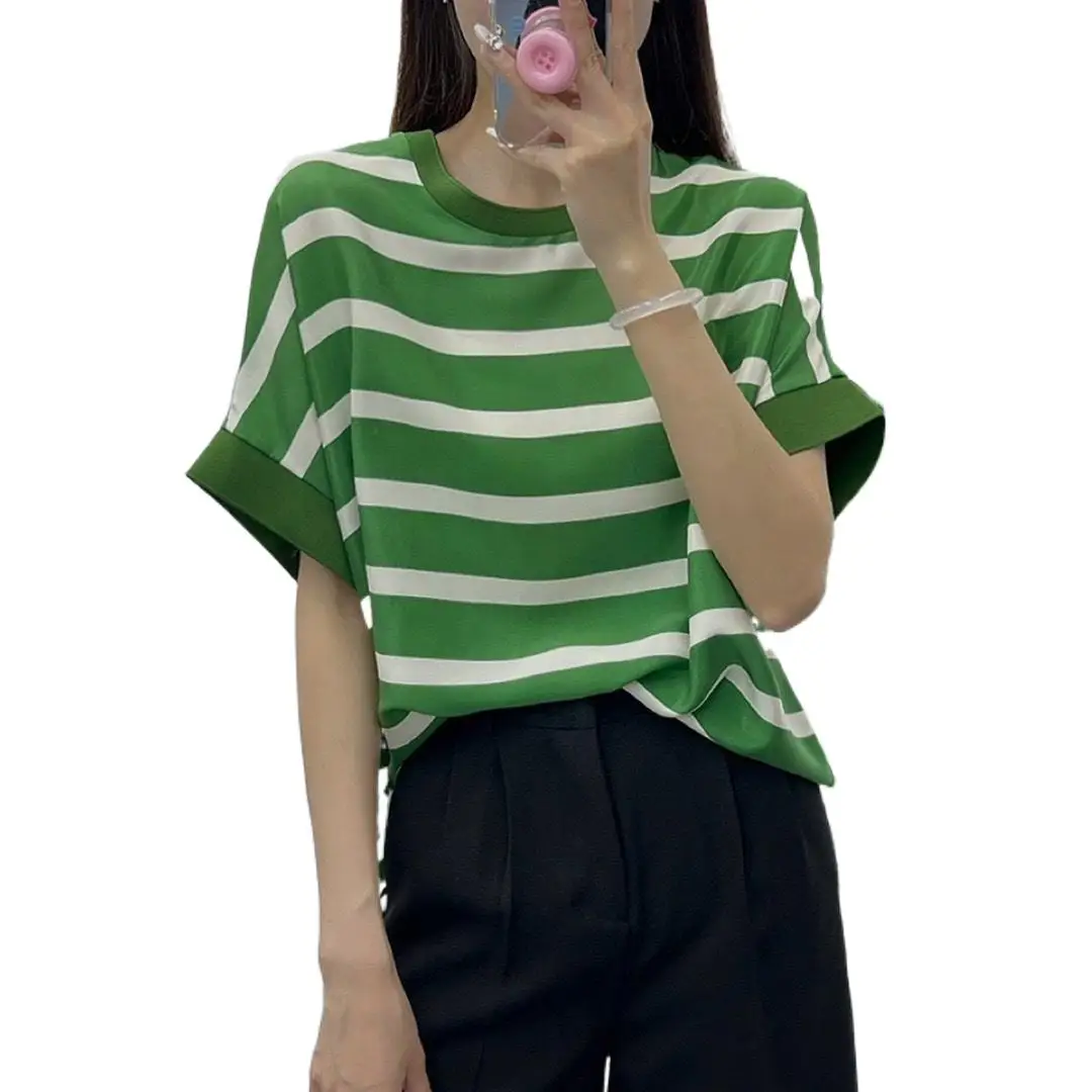 

2023 Women's Clothing New Mixed Color Stripe Thin Short Sleeve 0820