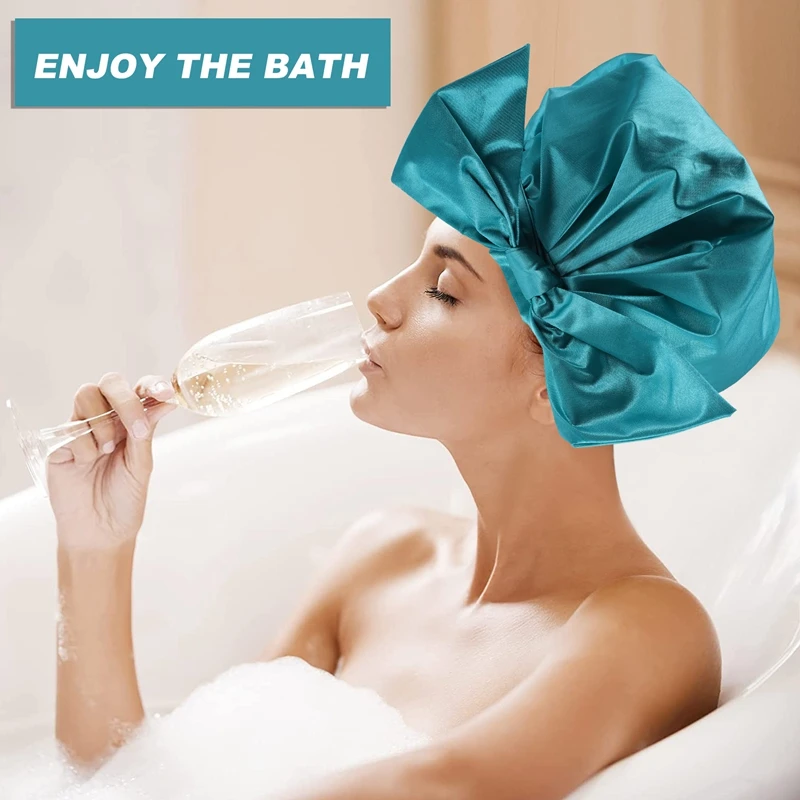 

Shower Cap Bowknot Double Layer Reusable Bath Hair Caps Adjustable Bath Hair Cap